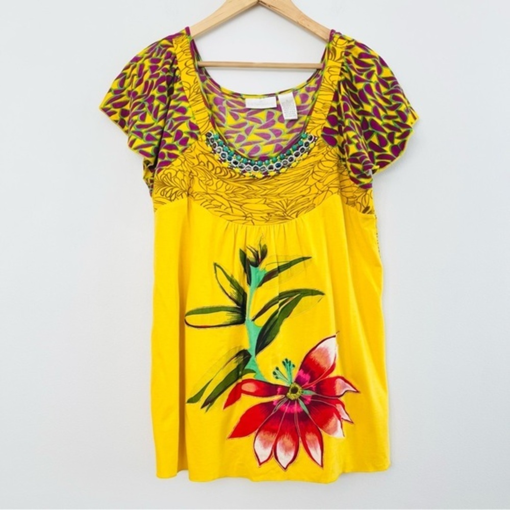 [Soft Surroundings] Mixed Print Beaded Neck + Appliqué Floral Flutter Sleeve